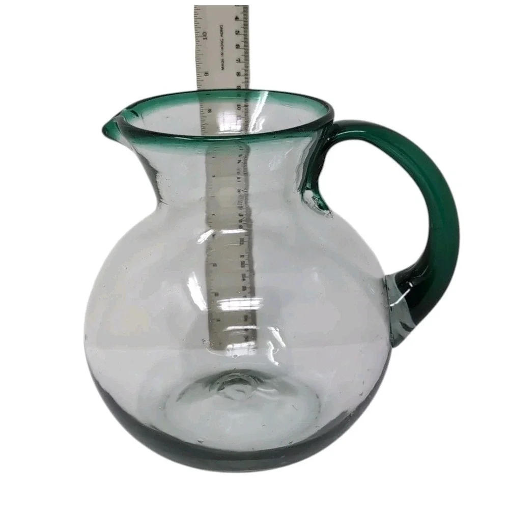 Mexican Hand Blown Glass Margarita Pitcher Vase Clear/Emerald Green Rim & Handle